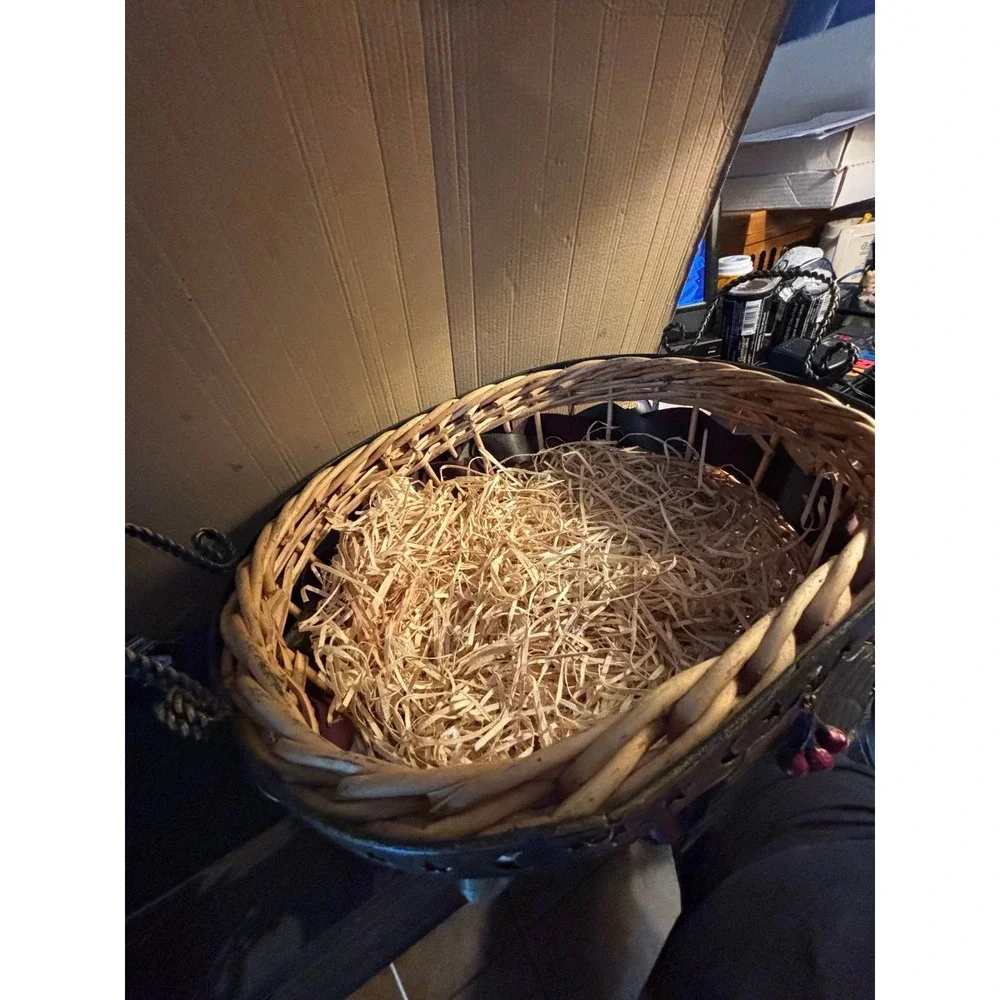 Vintage Large, Older - WICKER BASKET w Metal - Holly Leaf & Berries Christmas